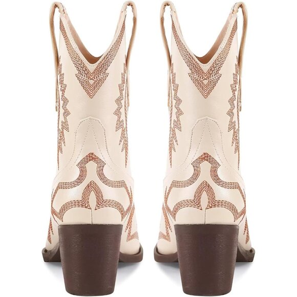 Women's Metallic Embroidered Pointed Toe Cowgirl Boots Chunky Heel Pull-On Khaki - Picture 4 of 6